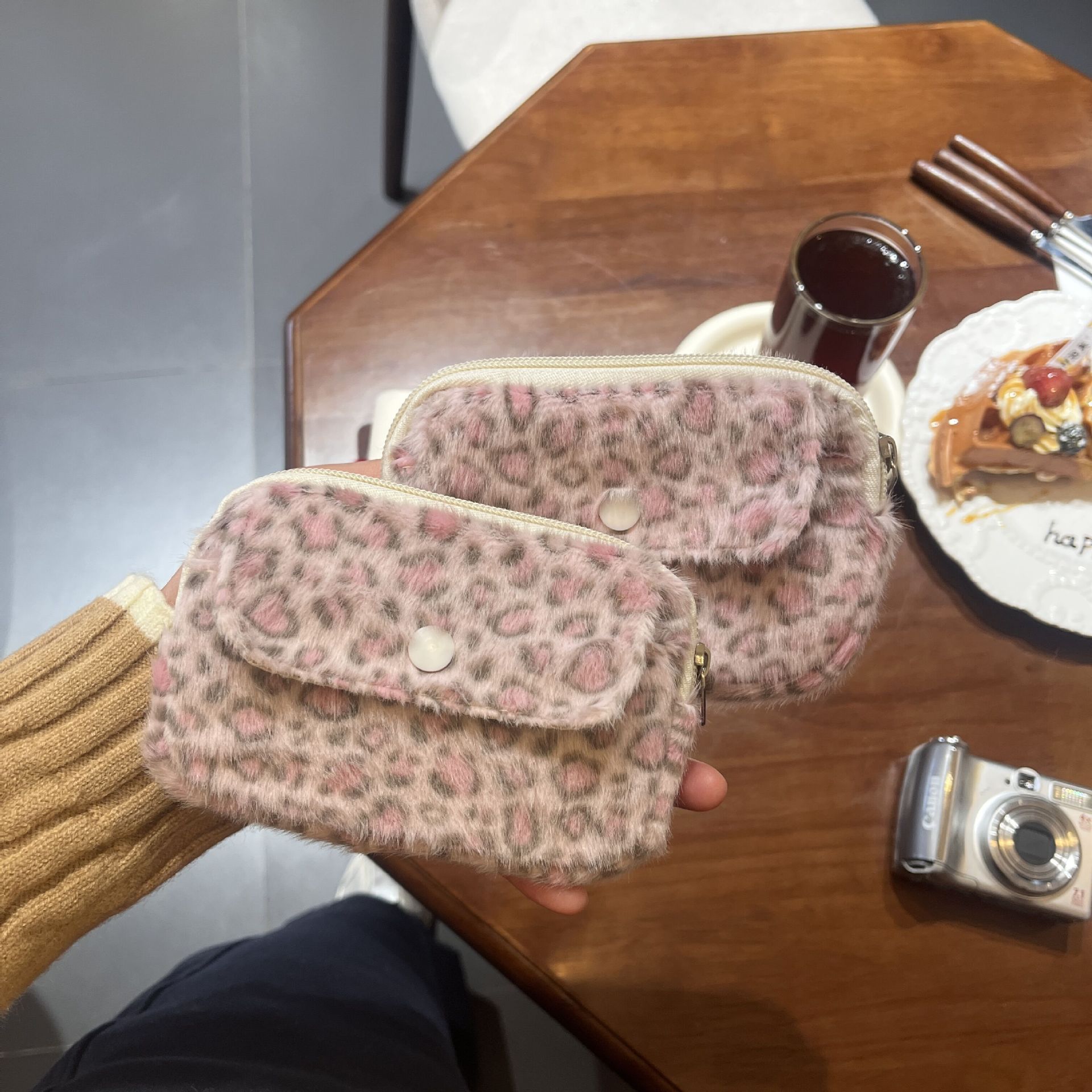 Camera Bag Travel - กระเป๋าใส่เหรียญลายเสือดาวสีชมพู, กระเป๋าใส่กล้องน่ารักหวานแหวว, กระเป๋าใส่บัตรแบบพกพาขนาดใหญ่, กระเป๋าใส่ลิปสติกสำหรับเดินทาง