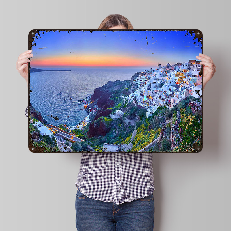 Travel Accessories Greece - โซนาโทรินี ทราเวล กรีซโปสเตอร์พิมพ์ลายแบบกำหนดเองศิลปะผนังย้อนยุคป้ายโลหะวินเทจสำหรับบ้านบาร์อุปกรณ์ตกแต่งโต๊ะ